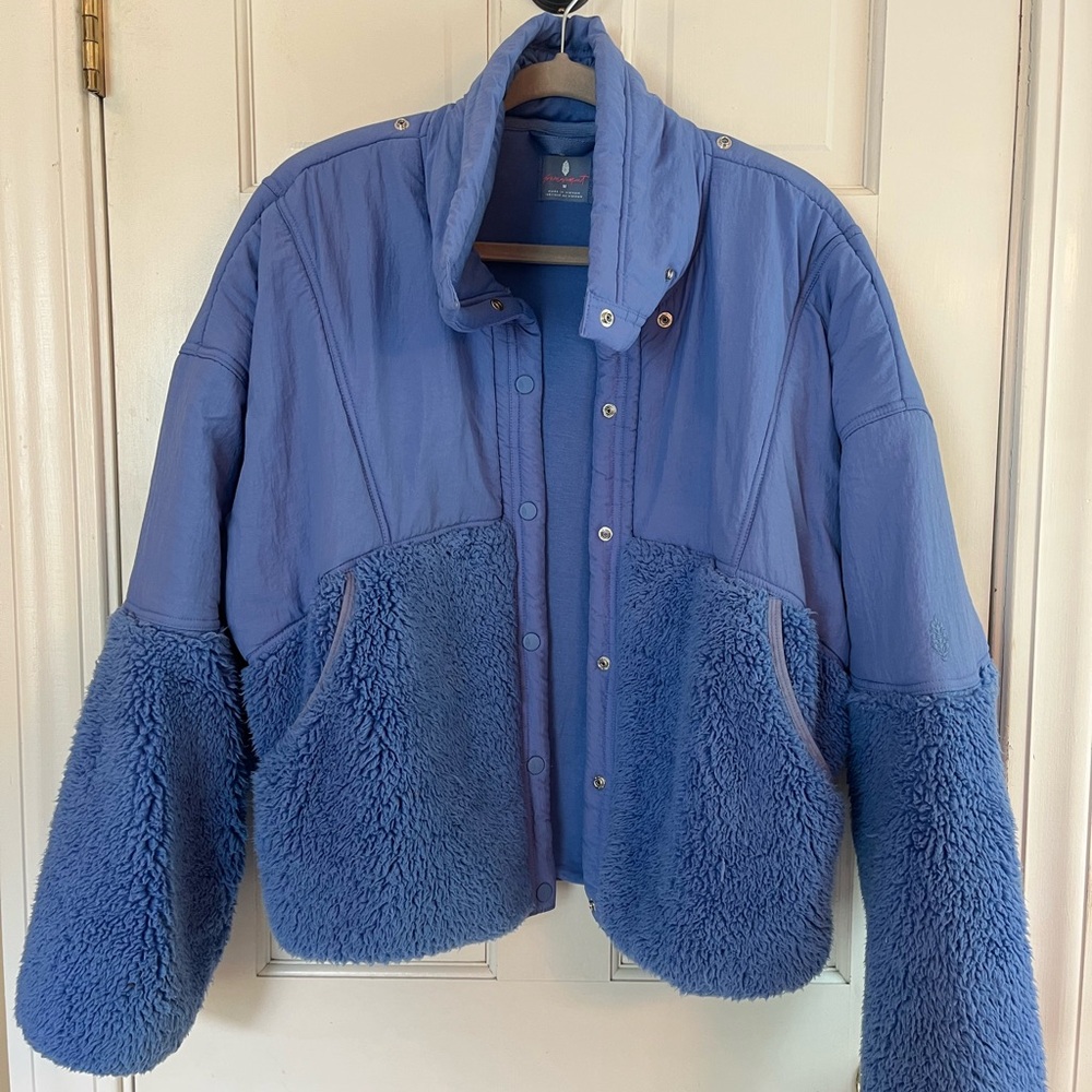 Blue Women's Jacket with Sherpa Fur Accents